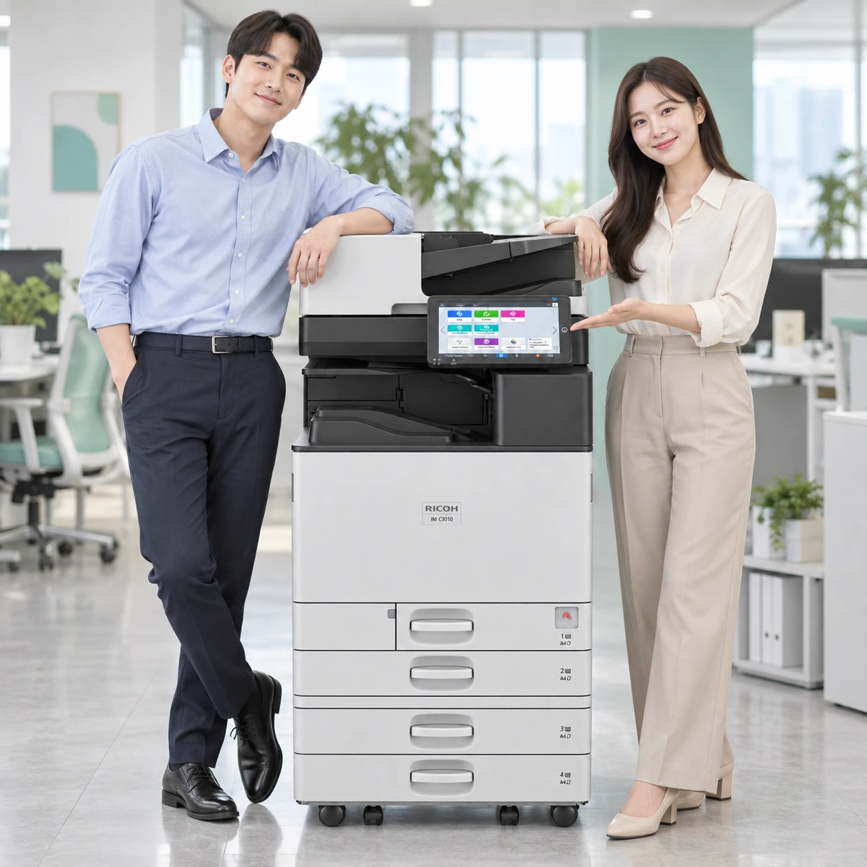 전국 복합기 렌탈 안내 — 복합기를 중심으로 양옆에서 제품을 소개하는 남녀 직장인의 AI 예시 이미지